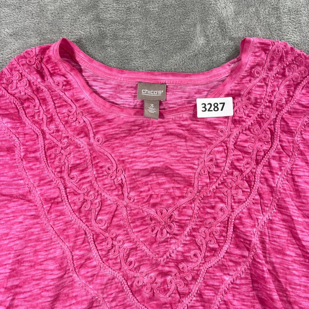 Chico's Top Women 3 Pink Embroidered V-Neck Cotton Slub Short‎ Sleeve 570362335